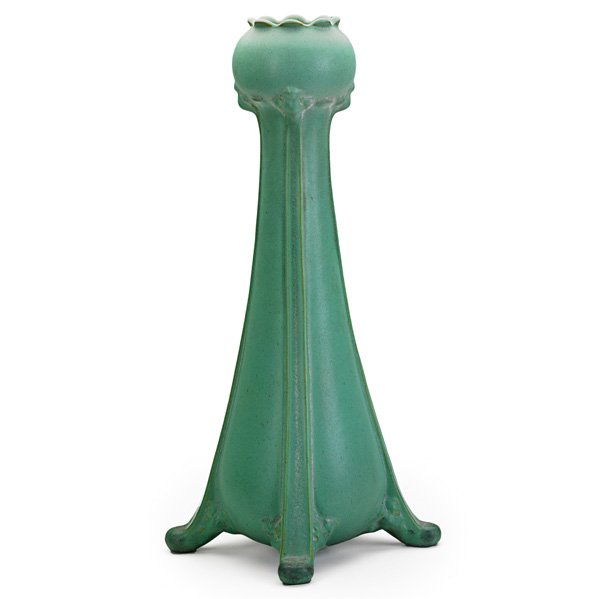 TECO Tall footed bulbous vase: TECO Tall footed bulbous vase, matte green glaze with charcoaling, Terra Cotta, IL, ca. 1905; Stamped Teco; 18 1/2" x 7 1/2" sq.