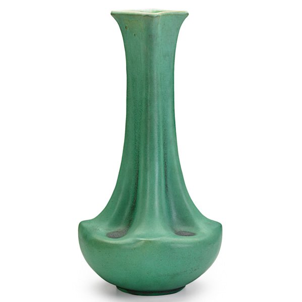 TECO Tall bulbous vase: TECO Tall bulbous lobed vase, matte green glaze, pooled charcoaling, Terra Cotta, IL, ca. 1905; Stamped Teco; 16 1/4" x 8" Provenance: Christie's, New York, 1990, lot 242