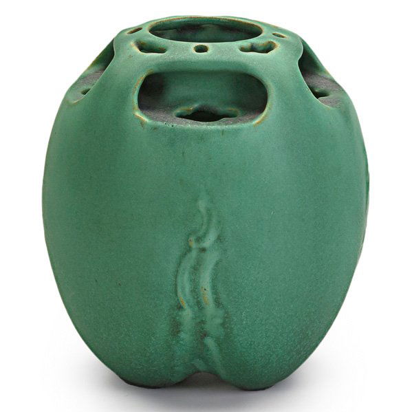 TECO Reticulated vase: TECO Reticulated vase, matte green glaze, pooled charcoaling, Terra Cotta, IL, ca. 1905; Stamped Teco 113; 6 1/2" x 5 1/2" Provenance: Christie's, New York, sale FU249, lot 24