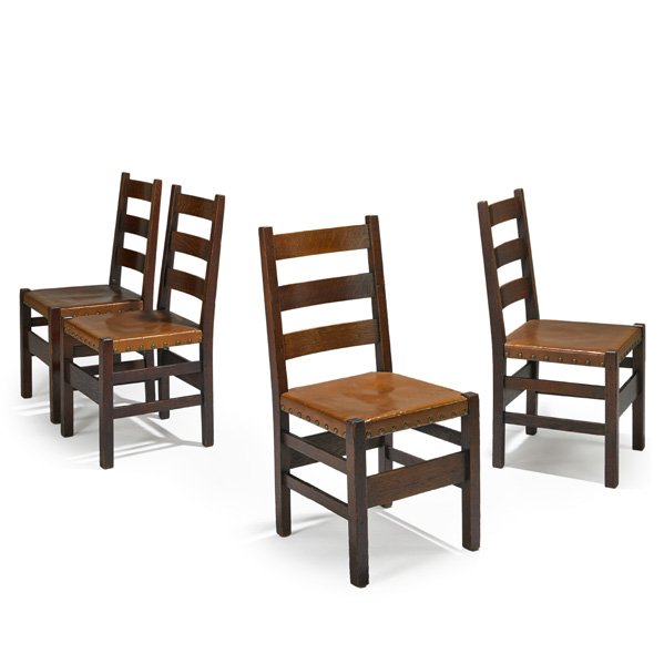 GUSTAV STICKLEY Four ladderback sidechairs: GUSTAV STICKLEY Four ladderback sidechairs, Eastwood, NY, ca. 1905; Red decals; 36" x 17" x 16 1/2"