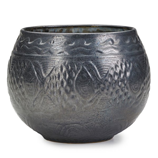 "MAC" ANDERSON; SHEARWATER Bowl with fish: JAMES McCONNELL "MAC" ANDERSON SHEARWATER Bowl carved with fish and waves, gunmetal glaze, Ocean Springs, MS, ca. 1940; Unmarked; 5 3/4" x 7 1/4" Publication: Stewart, Dod, "Shearwater Pottery," 2005,