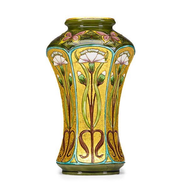 FELIX OPTAT MILET (SEVRES) Ceramic vase: FELIX OPTAT MILET (SEVRES) Rare faceted ceramic vase enamel-decorated with carnations and butterflies, Sevres, France, 1890s; Signed Robert on body, bottom stamped SEVRES 607; 9 1/2" x 5 3/4"