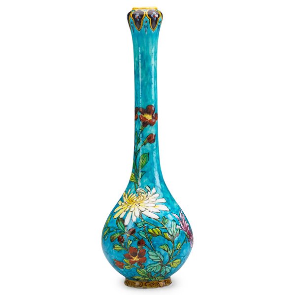 THEODORE DECK Bottle: THEODORE DECK Enamel-decorated glazed faience bottle, France, 1880s/90s; Marked TH DECK; 12 1/2" x 4 1/4"