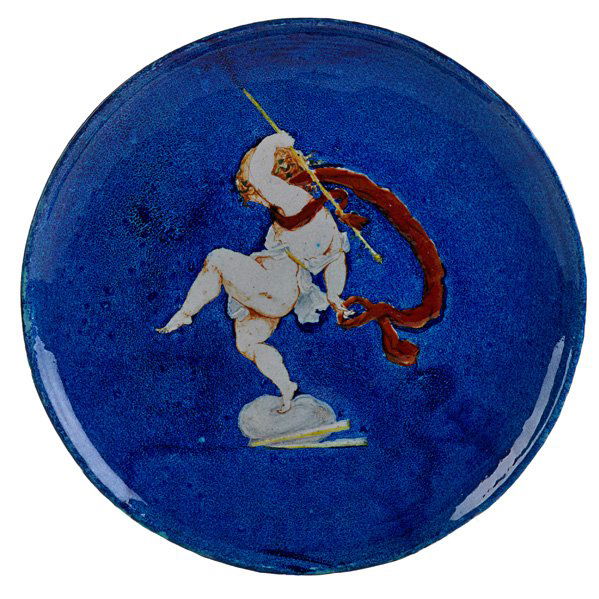 THEODORE DECK Charger with putto: THEODORE DECK Small charger enamel-decorated with putto, France, 1880s/90s; Stamped and hand-signed THD; 11 1/4" dia.