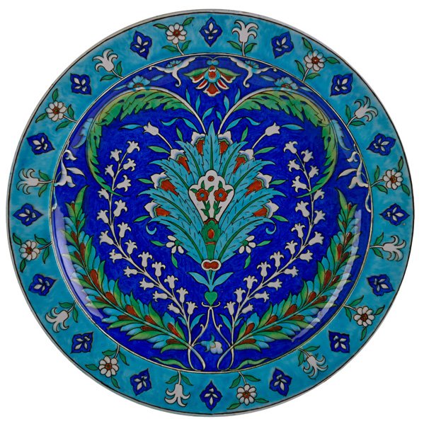 THEODORE DECK Fine large Iznik charger: THEODORE DECK Glazed faience charger with Iznik design, France, 1880s/90s; Marked TH DECK; 2 1/2" x 19 1/2" dia.