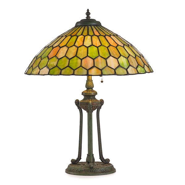 LIGHTING Leaded glass table lamp: LIGHTING Table lamp with leaded glass shade in honeycomb pattern on Classical patinated base, USA, 1920s; Leaded slag glass, patinated metal, two sockets; Unmarked; 24 1/2" x 19"