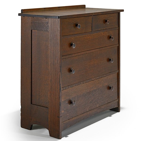 L. & J.G. STICKLEY Chest of drawers: L. & J.G. STICKLEY Chest of drawers in two over three configuration, Fayetteville, NY, 1907-11; Unmarked; 40" x 38" x 18"
