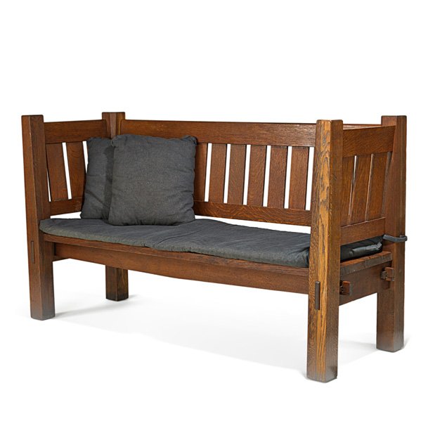GUSTAV STICKLEY Rare diminutive crib settle: GUSTAV STICKLEY Rare diminutive crib settle, Eastwood, NY, ca. 1909-12; Paper label; 41 1/2" x 72" x 25 1/4"