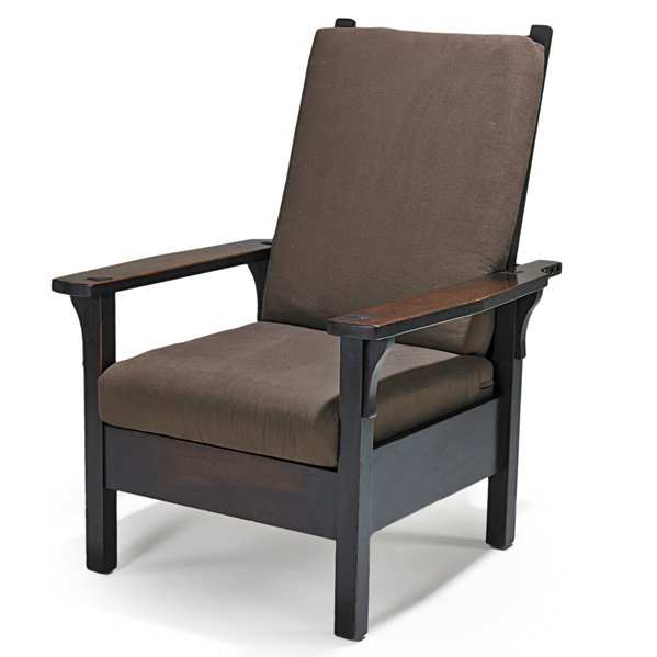 GUSTAV STICKLEY Mahogany Morris chair: GUSTAV STICKLEY Mahogany open-arm Morris chair, Eastwood, NY, ca. 1904; Remnants of red decal; 41 1/2" x 30" x 32 1/2"