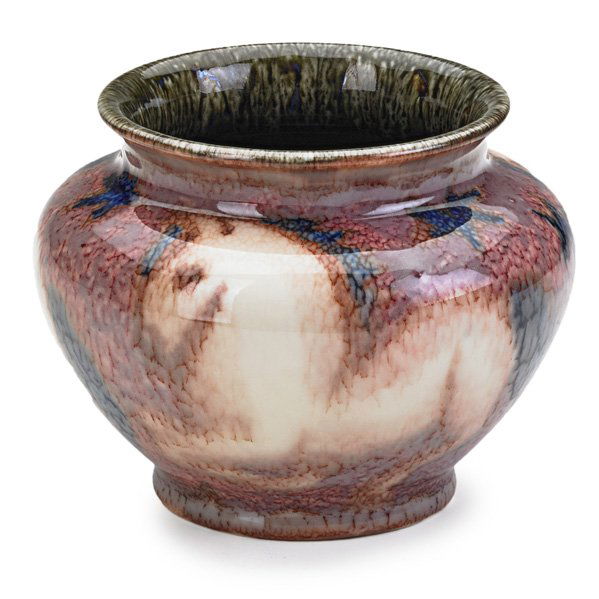 JENS JENSEN; ROOKWOOD Jewel Porcelain vase: JENS JENSEN ROOKWOOD Squat Jewel Porcelain vase with horses, Cincinnati, OH, 1933; Flame mark XXXIII/S/artist's cipher; 4 1/4" x 5 1/2"