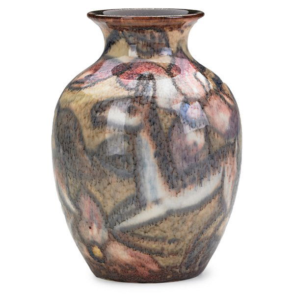 JENS JENSEN; ROOKWOOD Jewel Porcelain vase: JENS JENSEN ROOKWOOD Jewel Porcelain vase with antelopes, Cincinnati, OH, 1933; Flame mark XXXIII/S/artist's cipher; 8" x 5 1/2"