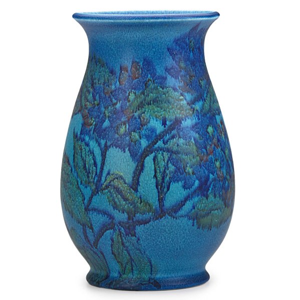 LOUISE ABEL; ROOKWOOD Decorated Mat vase: LOUISE ABEL ROOKWOOD Decorated Mat vase with hydrangeas, Cincinnati, OH, 1925; Flame mark XXV/2782/artist's cipher; 9 3/4" x 6"