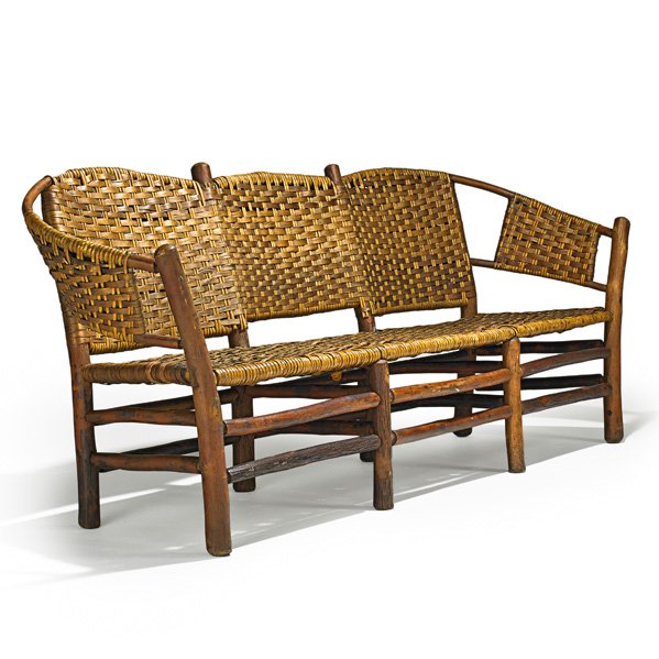 OLD HICKORY (Attr.) Triple settee: OLD HICKORY (Attr.) Triple settee, Martinsville, IN; Hanging paper label; 36" x 83" x 27 1/2"