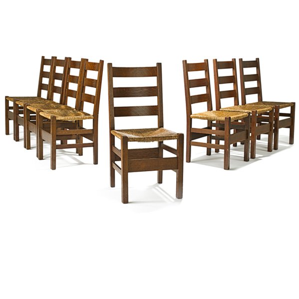 GUSTAV STICKLEY Set of 8 ladderback side chairs: GUSTAV STICKLEY Set of eight ladderback side chairs, Eastwood, NY, ca. 1904; Black decals to all; 35 3/4" x 17" x 16 1/2"