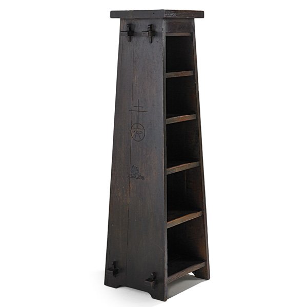 ROYCROFT Tall magazine stand: ROYCROFT Magazine stand, East Aurora, NY, ca. 1905; Some height loss; Large orb and cross mark; 61 3/4" x 22" x 17 1/2"