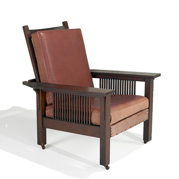 ONONDAGA SHOPS Spindled Morris chair: L. & J.G. STICKLEY ONONDAGA SHOPS Mahogany spindled Morris chair, Fayetteville, NY, ca. 1904; Unmarked; On casters, 40" x 32 1/2" x 37 1/2"