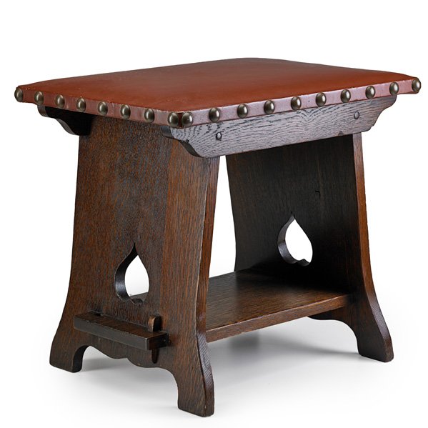 LIMBERT Cricket footstool: LIMBERT Cricket footstool, Grand Rapids, MI, ca. 1905; Oak, leather, brass; Branded; 18" x 20" x 15"