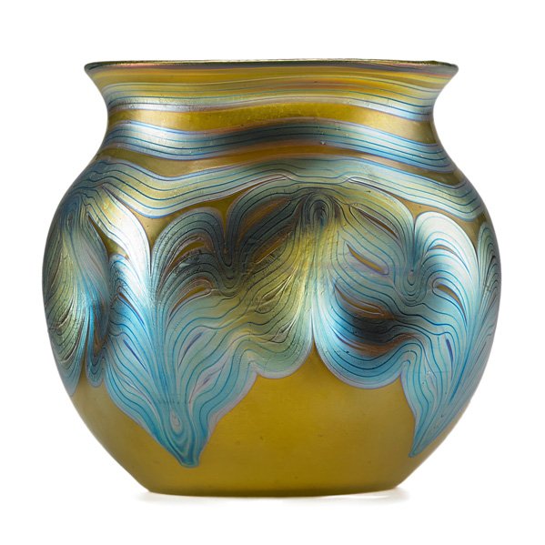 LOETZ Iridescent glass vase, blue and green swirl: LOETZ Iridescent glass vase with blue and green swirl decoration, Austria, ca. 1900; Etched Loetz Austria; 6" x 5 1/2"