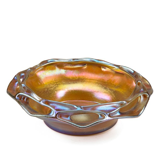 TIFFANY STUDIOS Rare Favrile glass low bowl: TIFFANY STUDIOS Rare gold Favrile glass low bowl with reticulated edges, New York, 1915; 5538J/L.C. Tiffany - Favrile; 2" x 6 3/4"