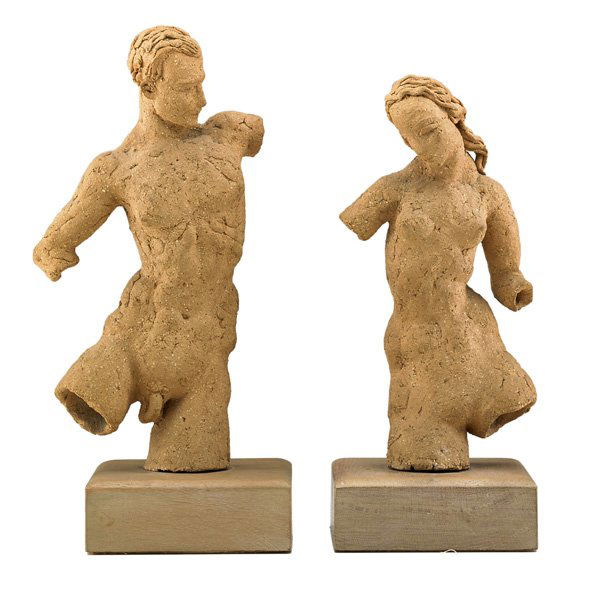 WAYLANDE GREGORY Pair of figural sculptures: WAYLANDE GREGORY (1905 - 1971) Pair of figural sculptures, USA, 1950s; Bisque-fired earthenware, wood bases; Female figure signed Waylande Gregory; Taller: 12 3/4" x 6" x 5"