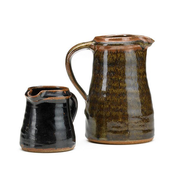 BERNARD LEACH Two glazed stoneware pitchers: BERNARD LEACH (1887-1979) LEACH POTTERY Two glazed stoneware "Standard Ware" pitchers, St. Ives, UK, 1950s; Both stamped ENGLAND, smaller with cipher; 6 1/2", 3 3/4"