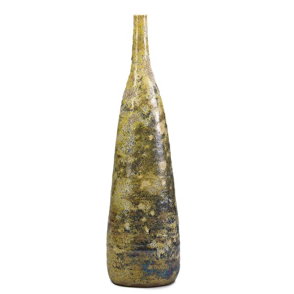 BEATRICE WOOD Tall bottle: BEATRICE WOOD (1893-1998) Tall bottle, yellow volcanic glaze, Ojai, CA; Signed BEATO; 11 1/4" x 4"