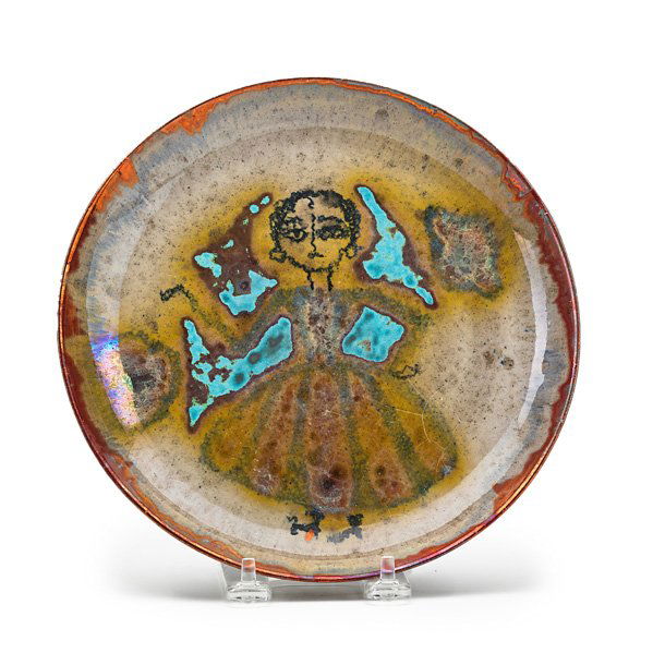 BEATRICE WOOD Small glazed earthenware plate: BEATRICE WOOD (1893-1998) Small glazed earthenware plate decorated with figure, Ojai, CA, 1940s; Signed BEATO/BD; 8 1/2" dia.