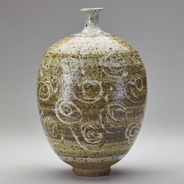 ANTONIO PRIETO Bottle-shaped vase: ANTONIO PRIETO (1912 - 1967) Glazed stoneware bottle-shaped vase with swirls, California; Signed; 11 1/4" x 7"