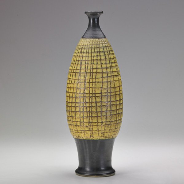 ANTONIO PRIETO Fine and tall vase: ANTONIO PRIETO (1912 - 1967) Footed bottle-shaped vase with cross-hatched pattern, California; Signed; 14 1/2" x 4 3/4"