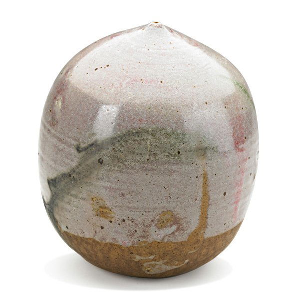 TOSHIKO TAKAEZU Moonpot: TOSHIKO TAKAEZU (1922-2011) Glazed stoneware Moonpot with rattle, Clinton, NJ, ca. 1995; Illegible signature; 7" x 5 1/2"