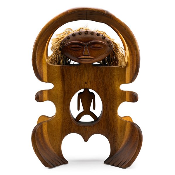 SCHEIER Figural wood sculpture: EDWIN AND MARY SCHEIER Figural wood sculpture, Mexico, 1968; Guanacastle and rope; Signed and dated; 29" x 19" x 11 1/2"