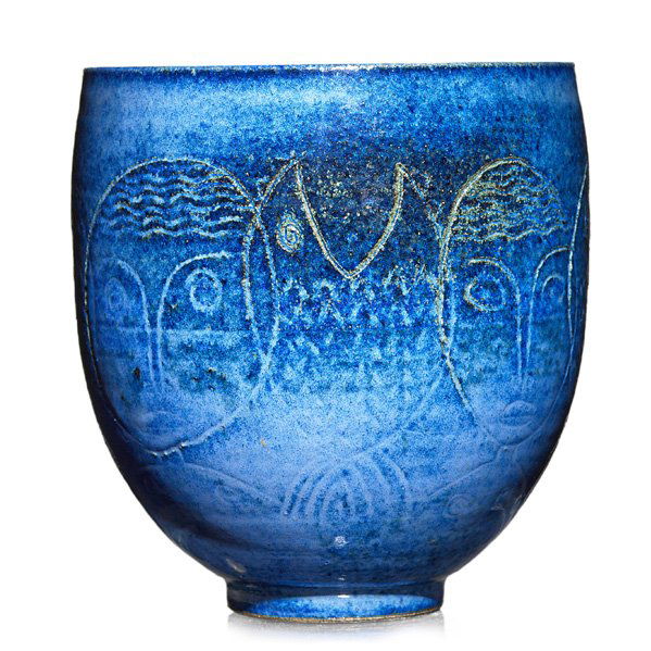 SCHEIER Vase incised with fish and heads: EDWIN AND MARY SCHEIER Glazed ceramic vase incised with fish and heads, New Hampshire, 1960s; Signed Scheier; 6 3/4" x 6 1/4"