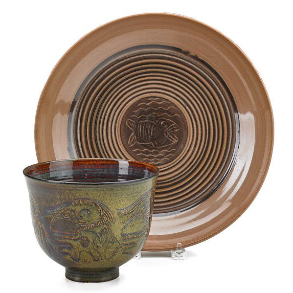 SCHEIER Glazed ceramic vase and low bowl: EDWIN AND MARY SCHEIER Glazed ceramic vase incised with figures and low bowl with fish, New Hampshire, 1950-60s; Both incised Scheier; Low bowl: 2" x 11 3/4", taller: 5" x 6 1/4"