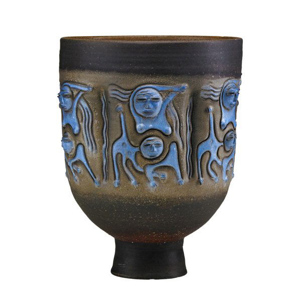 SCHEIER Large late ceramic vessel w/ figures: EDWIN AND MARY SCHEIER Large glazed ceramic vessel with mothers and children, Green Valley, AZ, 1990; Incised Scheier 1990; 13 1/4" x 10"