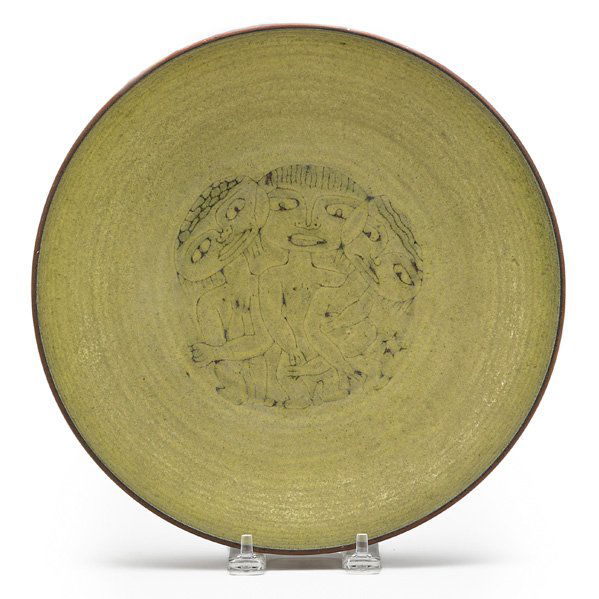 SCHEIER Low terracotta bowl with figures: EDWIN AND MARY SCHEIER Low glazed ceramic bowl with figures, New Hampshire, 1960s; Incised Scheier; 2 1/2" x 10 1/4" dia.