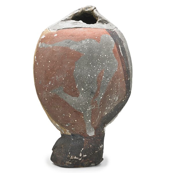 PAUL SOLDNER Raku vessel with figures: PAUL SOLDNER (1921-2011) Rare raku-fired vessel with dancing figures in silhouette, USA, 1970s; Chop mark; 17" x 10 1/2"