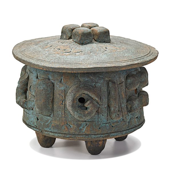 TED RANDALL Hand-built stoneware brazier: TED RANDALL (1914-1985) Hand-built stoneware brazier or lantern in verdigris engobe, Alfred, NY; Signed T. Randall; 8 3/4" x 10"