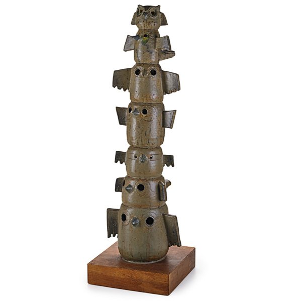 STUDIO CERAMIC Tall stoneware totem with owls: STUDIO CERAMIC Tall glazed stoneware totem of owls on wooden base, 1960s; Illegible signature under glaze; 38 1/2" x 12" sq.