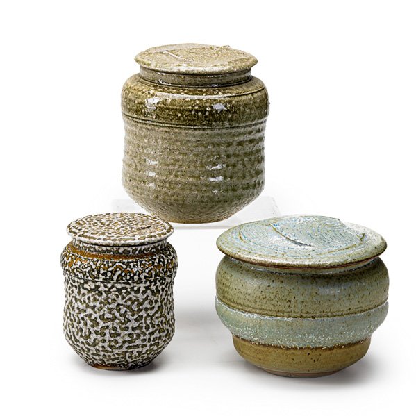 KAREN KARNES Three covered vessels: KAREN KARNES (b. 1925) Three salt-glazed stoneware covered vessels, Stony Point, 1970s; All with chopmark KK; Largest: 6" x 5"