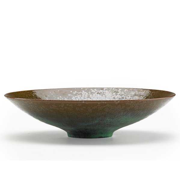 OTTO AND GERTRUD NATZLER Flaring crystalline bowl: OTTO AND GERTRUD NATZLER Flaring bowl, fine turquoise crystalline glaze on brown; Signed NATZLER, paper label K102; 2" x 7 1/2"