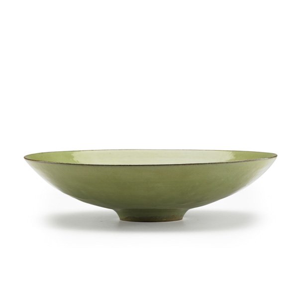 OTTO AND GERTRUD NATZLER Large flaring bowl: OTTO AND GERTRUD NATZLER Large flaring bowl, mottled celadon glaze, Los Angeles, CA; Signed NATZLER, paper label K095; 3" x 11 1/4"