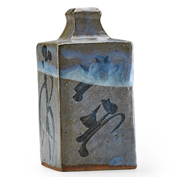 SHOJI HAMADA Glazed stoneware bottle: SHOJI HAMADA (1894-1978) Glazed stoneware four-sided bottle, Japan; Unmarked; 6 1/4" x 3" sq.