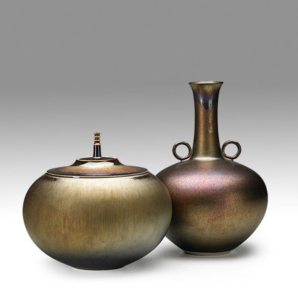 HIDEAKI MIYAMURA Two gold vases: HIDEAKI MIYAMURA (b. 1955) Two porcelain vases, gold Tenmoku glaze, Kensington, NH, ca. 2000; Signed; 13" x 8 1/2", 9 1/2" x 10"