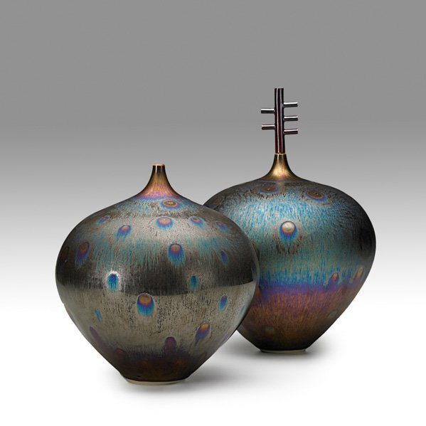 HIDEAKI MIYAMURA Two peacock glaze vases: HIDEAKI MIYAMURA (b. 1955) Two porcelain vases, peacock Tenmoku glaze, Kensington, NH; Signed; 14 1/4" x 9 1/2", 11" x 9 1/2"