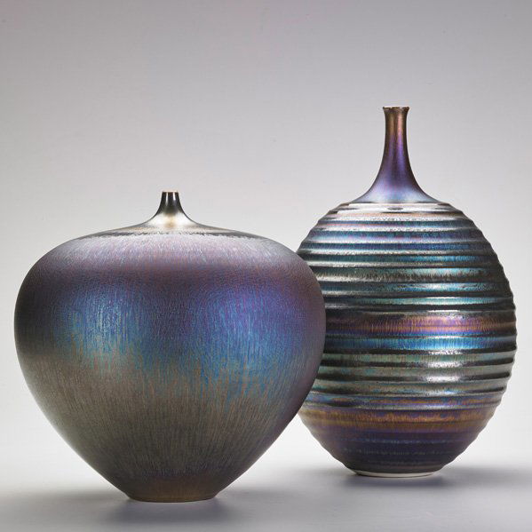HIDEAKI MIYAMURA Two large Tenmoku glaze vases: HIDEAKI MIYAMURA (b. 1955) Two large porcelain vases, Tenmoku glaze, Kensington, NH; Signed; 10 1/2" x 13 1/2"