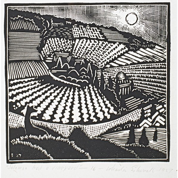 WHARTON ESHERICK Three woodblock prints: WHARTON ESHERICK (American, 1887 - 1970) Three woodblock prints on handmade paper: "Solomon Had a Vineyard," 1927 (framed), "Upon the Hills," and "Sky," 1928; All signed and titled, "Upon the Hills" n