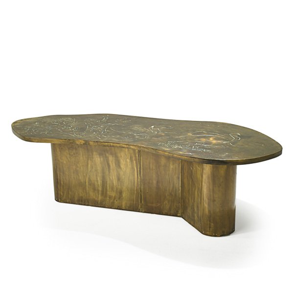 PHILIP AND KELVIN LaVERNE Coffee table: PHILIP AND KELVIN LaVERNE Coffee table, New York, 1960s; Etched, patinated, and enameled bronze; Etched signature; 18 1/2" x 62 1/2" x 27"