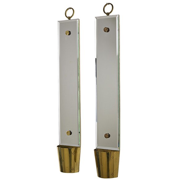 TOMMI PARZINGER Pair of pier mirrors: TOMMI PARZINGER PARZINGER ORIGINALS Pair of pier mirrors with planters, New York, 1950s; Brass, mirrored glass, lacquered wood; Unmarked; 31 1/4" x 5" x 3"