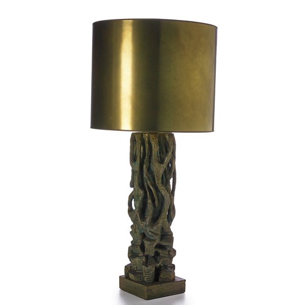 JAMES MONT Large table lamp: JAMES MONT JAMES MONT DESIGN Large table lamp, New York, 1950s; Carved, gilt and polychromed wood, painted shade; Unmarked; Body: 26 1/2" x 8" sq., overall: 43 1/2" x 20" dia.