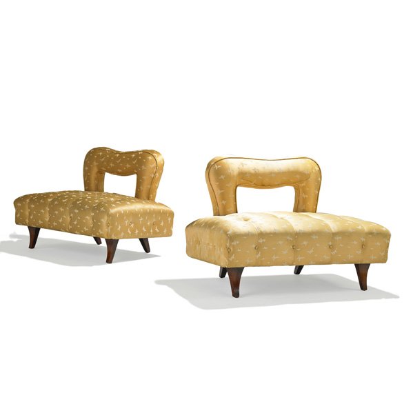 JAMES MONT Pr. of open-back tufted lounge chairs: JAMES MONT JAMES MONT DESIGN Pair of open-back tufted lounge chairs, New York, 1950s; Mahogany, silk; Unmarked; 27" x 38" x 26"